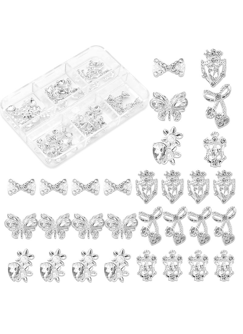 DANNEASY - DANNEASY 30pcs 3D Nail Charms Silver Charms for Nails Alloy Nail Jewels Butterfly Bow Design 3D Nail Art Charms Nail Rhinestones Diamond Nail Decoration for Acrylic Nail Art Accessories - Image 1