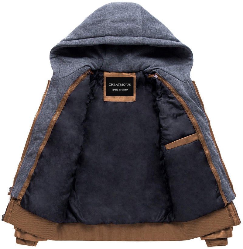 CREATMO US Men's Vintage Leather Jacket Hood Motorcycle PU Faux Leather Outwear Brown S - Image 3