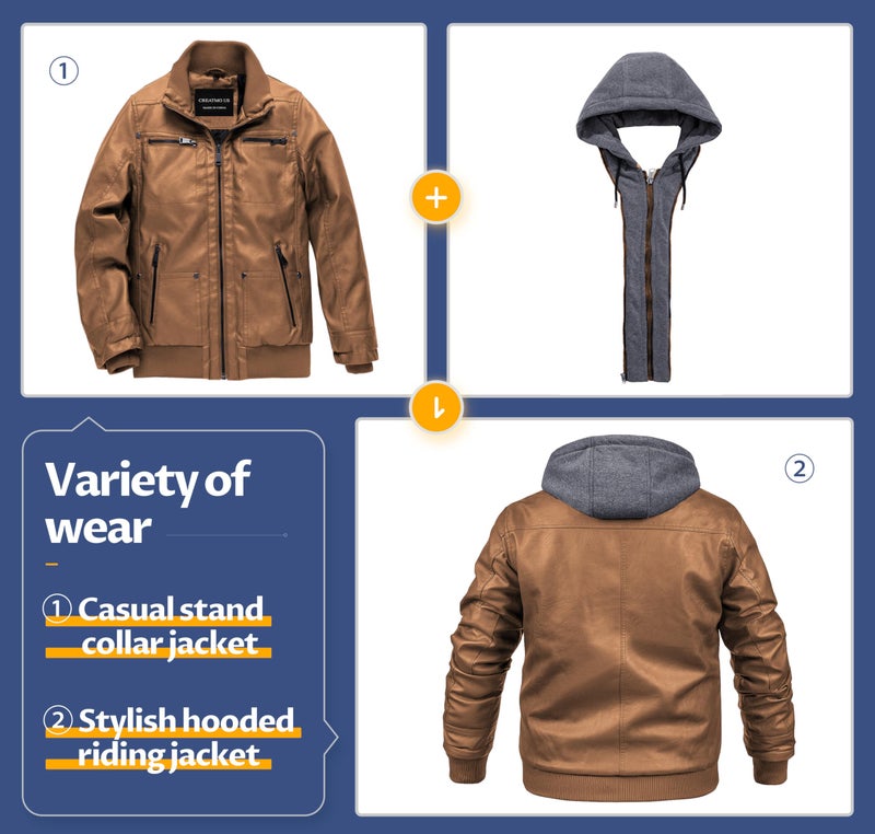 CREATMO US Men's Vintage Leather Jacket Hood Motorcycle PU Faux Leather Outwear Brown S - Image 4