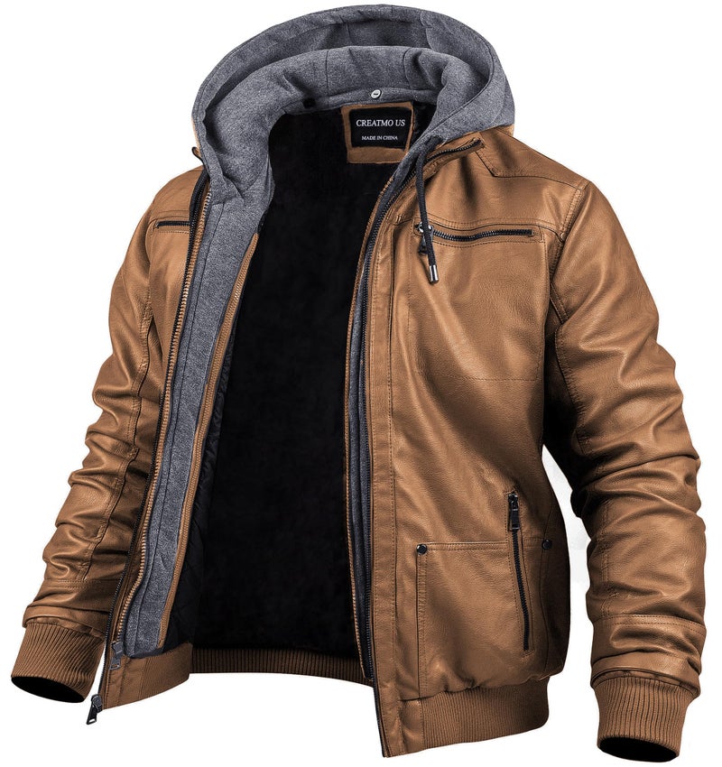 CREATMO US Men's Vintage Leather Jacket Hood Motorcycle PU Faux Leather Outwear Brown S - Image 1