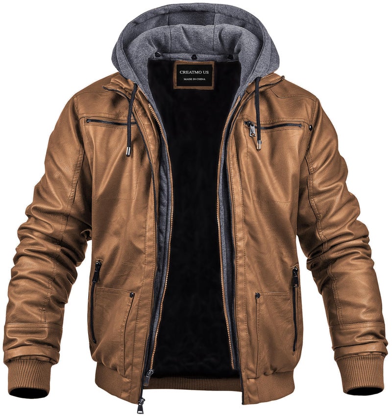 CREATMO US Men's Vintage Leather Jacket Hood Motorcycle PU Faux Leather Outwear Brown S - Image 2
