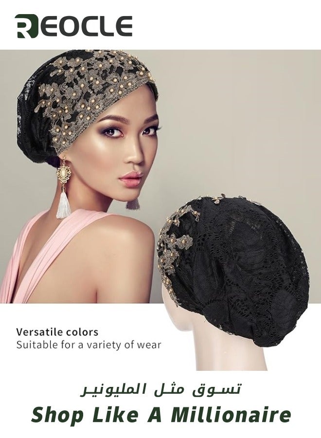 REOCLE Women's Turban Beanie Hat with Flower Lace And Bead Headwear Elastic Head Wrap Fashion Cap Black  - Image 2