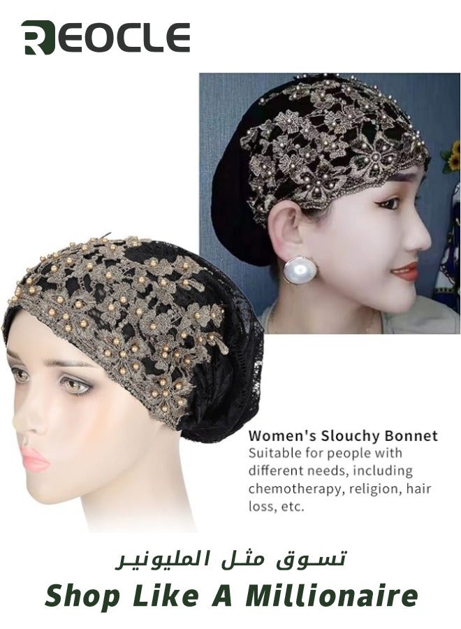 REOCLE Women's Turban Beanie Hat with Flower Lace And Bead Headwear Elastic Head Wrap Fashion Cap Black  - Image 3