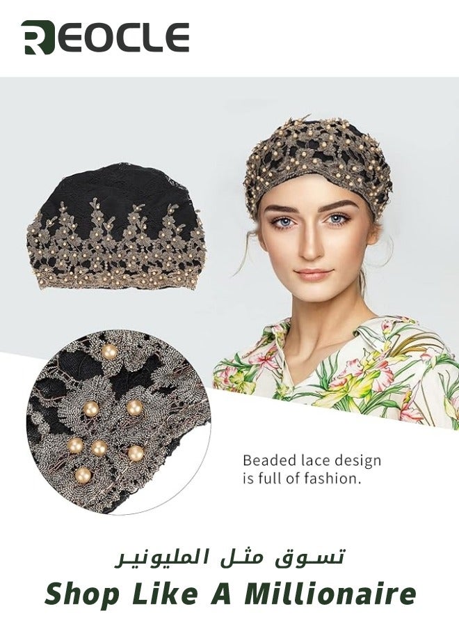 REOCLE Women's Turban Beanie Hat with Flower Lace And Bead Headwear Elastic Head Wrap Fashion Cap Black  - Image 4