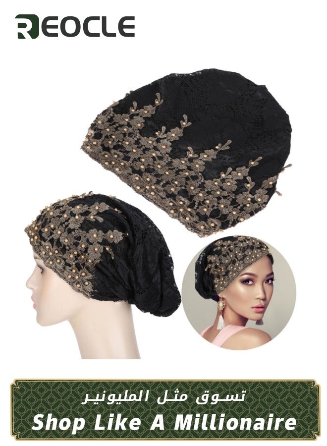 REOCLE Women's Turban Beanie Hat with Flower Lace And Bead Headwear Elastic Head Wrap Fashion Cap Black  - Image 1