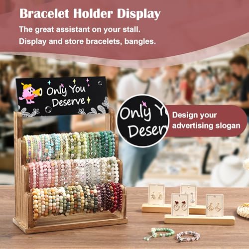 Emfogo Bracelet Holder with Advertising Board 3 Tier Bracelet Organizer Stand Storage for Bracelets Bangles Watch Scrunchies Rustic Wood Jewelry Display for Vendors Craft Shows Rustic Brown - Image 3