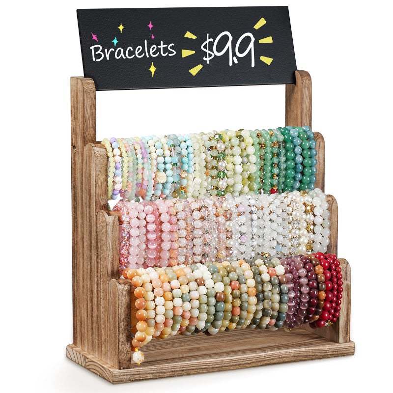 Emfogo Bracelet Holder with Advertising Board 3 Tier Bracelet Organizer Stand Storage for Bracelets Bangles Watch Scrunchies Rustic Wood Jewelry Display for Vendors Craft Shows Rustic Brown - Image 2