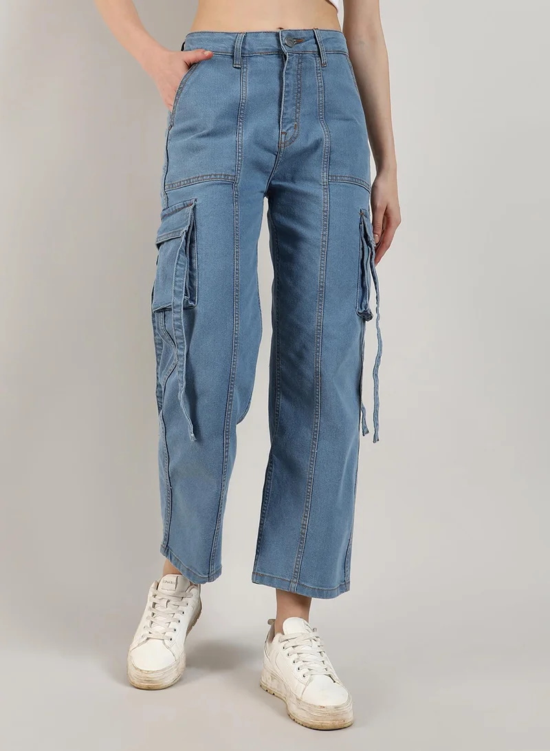 كامبوس سوترا Women's Prussian Blue Straight Fit Cargo Denim Jeans For Casual Wear | 6 Pockets | Medium-Wash | Button Closure | Denim Jeans Crafted With Comfort Fit For Everyday Wear