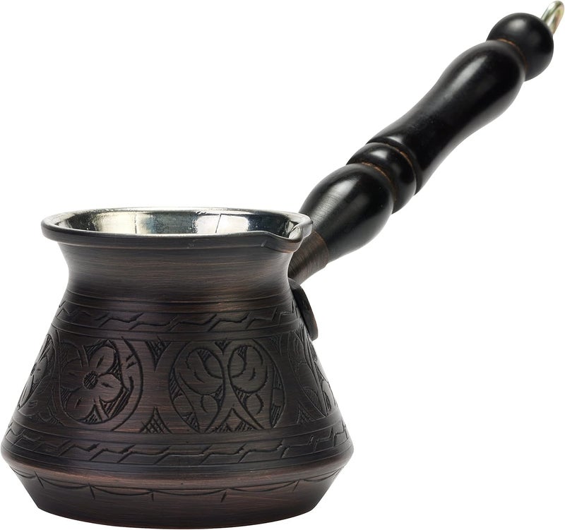 DEMMEX Thickest Engraved Solid Copper Turkish Coffee Pot  Stovetop Greek Arabic Coffee Maker Cezve Ibrik Briki  Wooden Handle  Spoon  Handmade in Turkey Antique Copper 9 fl Oz 3ppl