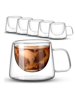 Double Wall Glass Coffee Mugs 6.8 oz, 6 Pcs Clear Insulated Coffee Mugs with Square Handle, Glass Heat Resistant Coffee Cups Tea Cups Gift Set for Espresso, Cappuccino, Latte, Tea, Beverage