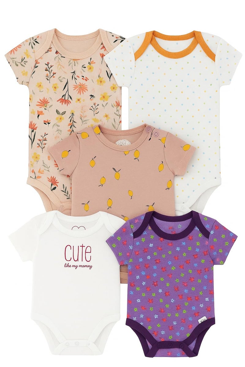 TuddyBuddy Baby Girls 100% Cotton Multi Color Half Sleeves Romper Combo/Bodysuit Set for Baby Girl (Pack of 5 - Short Sleeves Unicorns Prints, 0-3 Months Baby Girl) - Image 2