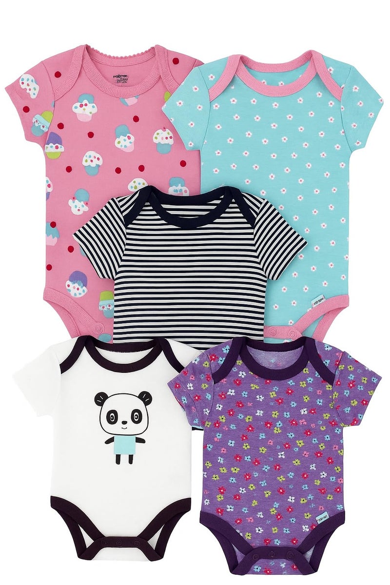 TuddyBuddy Baby Girls 100% Cotton Multi Color Half Sleeves Romper Combo/Bodysuit Set for Baby Girl (Pack of 5 - Short Sleeves Unicorns Prints, 0-3 Months Baby Girl) - Image 1