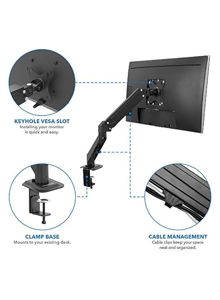 PROMASS Single Monitor Arm [21"-32" Displays] Full Motion Swivel, Gas Spring, Adjustable Desktop Computer Screen VESA Mount, Clamp Installation with Cable Management, 14.3lbs Weight Capacity (Black) - Image 3