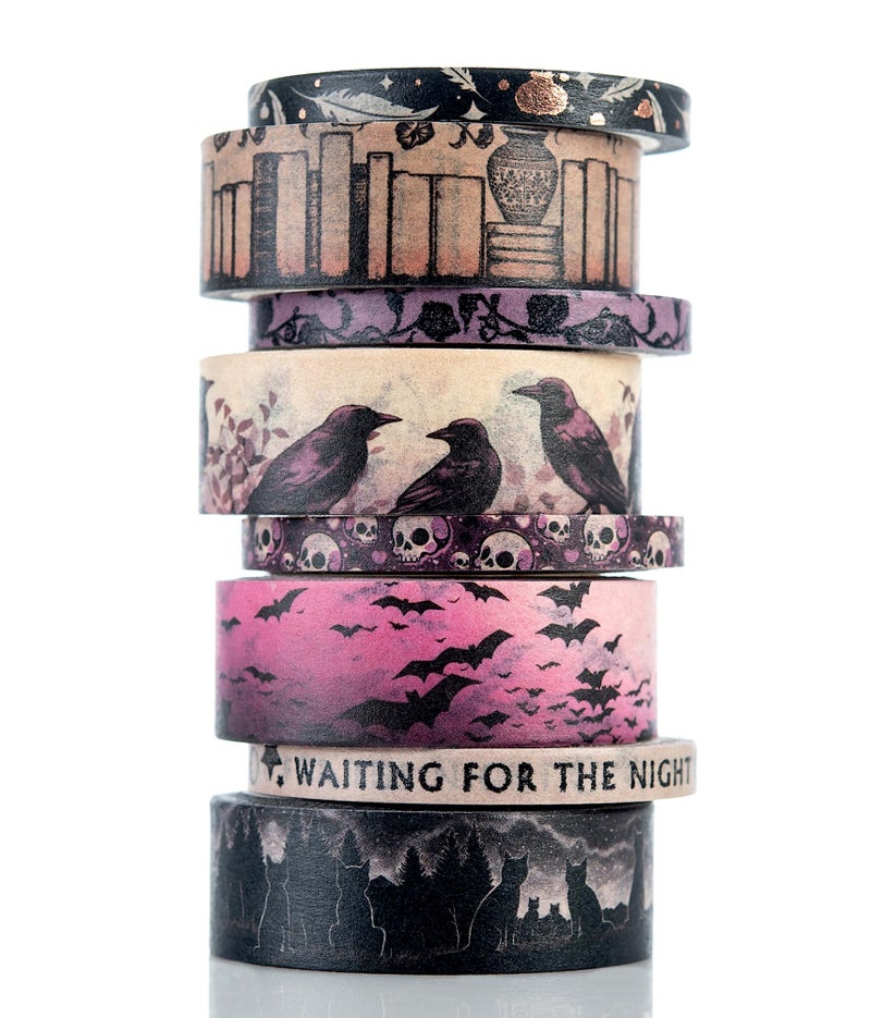 Conquest Journals Waiting for the Night Washi Tape Bundle 8 Rolls 4 15mm Rolls and 4 Corresponding 5mm Rolls Goth Inspired Washi for All Your Planning Journaling and Scrapbooking Projects