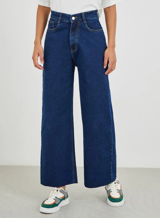 Styli Styli Women Dark Blue Raw Edge Detail Wide Leg Jeans