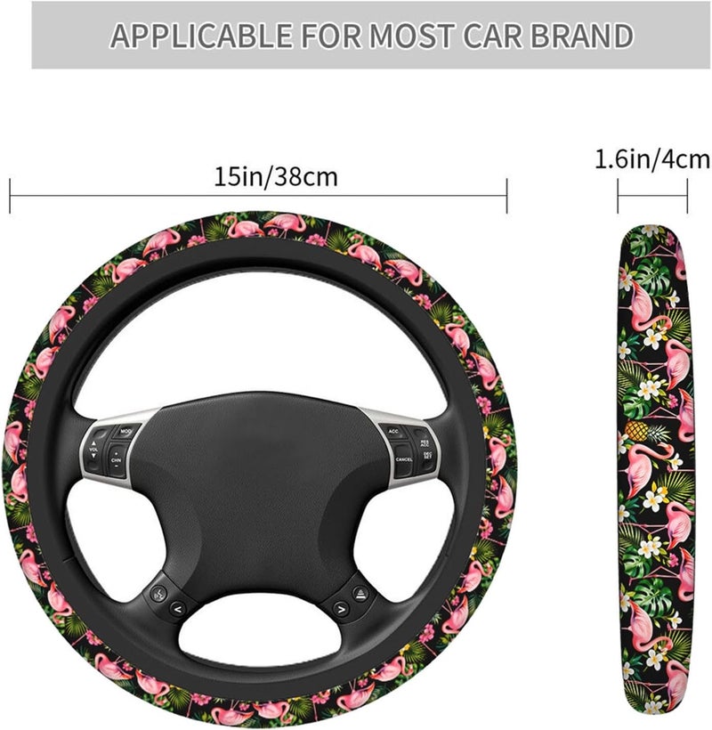 Swono Flower and Flamingo Car Steering Wheel Cover Tropical Flowers and Birds On Black Safe Driving Anti-Slip Steering Wheel Covers Steering Wheel Protection No Smell Universal 15 Inch - Image 3