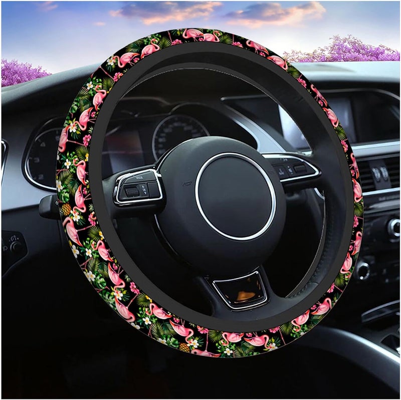 Swono Flower and Flamingo Car Steering Wheel Cover Tropical Flowers and Birds On Black Safe Driving Anti-Slip Steering Wheel Covers Steering Wheel Protection No Smell Universal 15 Inch - Image 1