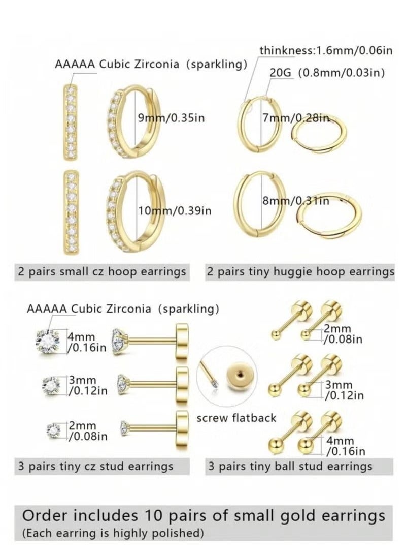 YUCCA 20pcs Small Gold Hoop Earrings for Women, 18K Gold Plated Stainless Steel Small Hoop Earrings Set for Multiple Piercing, Gorgeous Huggie Hoop Cartilage Helix Tragus Earrings  - Image 4