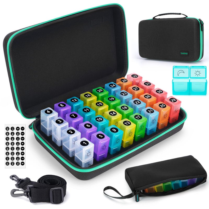 Yewltvep Monthly Pill Organizer 2 Times a Day,Month Pill Box Organizer with 32 Daily Compartments,30 Days Pill Holder with Hard Travel Case Pill Case Vitamins Case+Portable 7-Day Travel Medicine Organizing Bag - Image 1