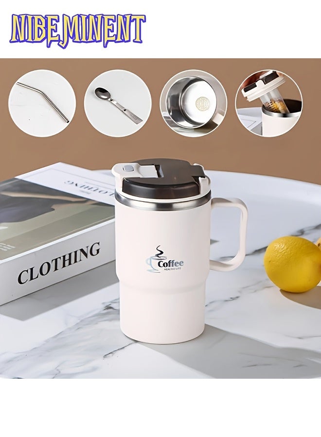 NIBEMINENT 19oz (approx. 550ml) stainless steel coffee mug with straw with spoon with tea divider, outdoor travel mug for cold and hot drinks, gifts for men and women  - Image 1