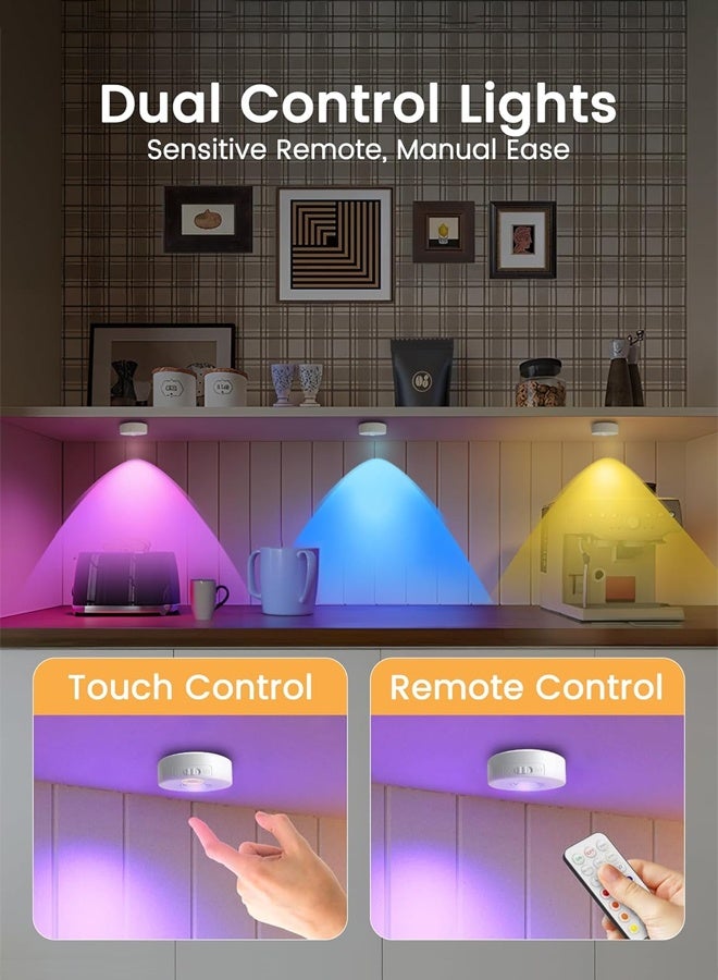 CMGTYYD Rechargeable LED Cupboard Light, USB Wireless RGB Puck Light, Battery Operated Shelf Display Cabinet Light, Dimmable Stick on Wall Light with Remote Control/Timer for Wardrobe/Kitchen-3 Pack - Image 3