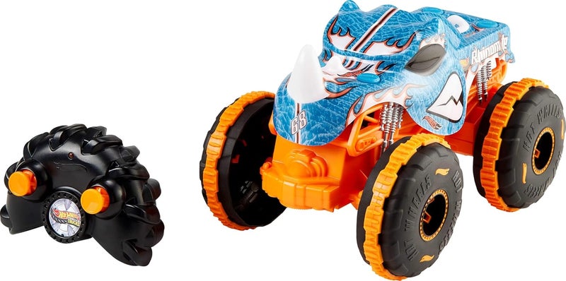 هوت ويلز سيارات RC Monster Trucks Rhinomite بمقياس 1:24، شاحنة ألعاب تحكم عن بعد، قدرات لجميع التضاريس مع إطارات عمل القبضة، RC متعددة الوظائف - Image 2