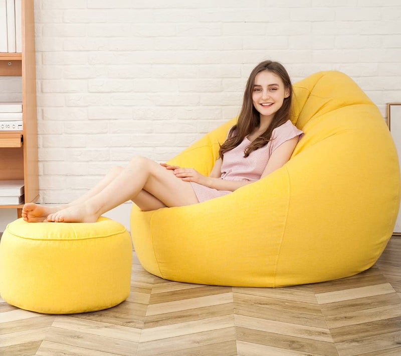 LEXAVI Brand Prefilled Beanbag with Footstool with Beans XXXL Yellow - Image 2