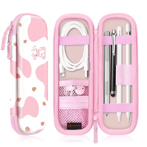 Fintie Holder Case for Apple Pencil Pro, Apple Pencil (USB-C / 1st / 2nd Generation), PU Leather Carrying Bag Sleeve Compatible with Pen, USB Cable, Samsung Stylus, Strawberry Cow - Image 1