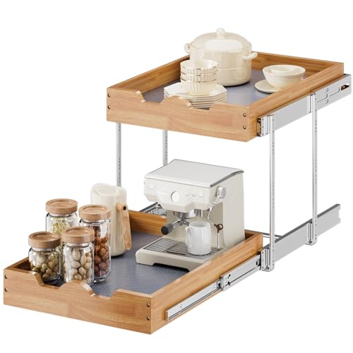 OCG 2 Tier Pull Out Cabinet Organizer 17W x 21D Double Tier Slide out Wood Drawer Shelf Pull Out Shelves for Base Cabinet Organization in Kitchen Pantry Bathroom