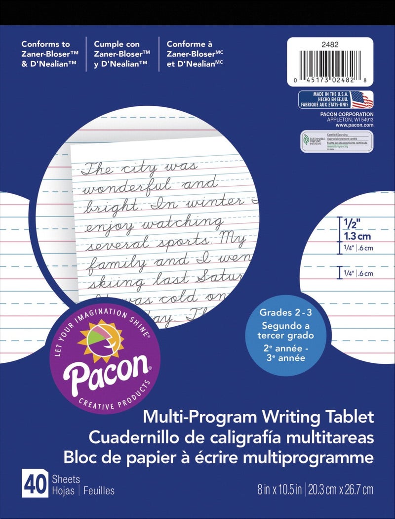 Pacon - PAC2482 Handwriting Paper, D'Nealian Grades 2&3 / Zaner-Bloser Grade 2, 1/2" x 1/4" x 1/4" Ruled 8" x 10-1/2", Ruled Short, 40 Sheets,White - Image 1
