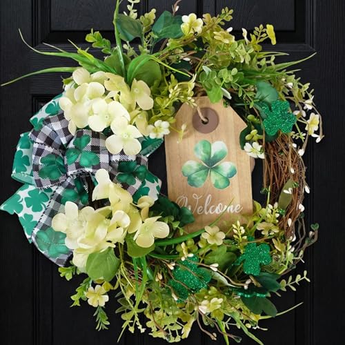 Egolot 20 Inch St. Patrick's Day Wreath for Front Door, Shamrock Leaves Wreath with Hydrangea Flowers Wreath for Indoor Outdoor, Lucky Patricks Day Door Decor - Image 1