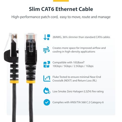 StarTech.com 10 ft CAT6 Cable - Slim CAT6 Patch Cord - Gray Snagless RJ45 Connectors - Gigabit Ethernet Cable - 28 AWG - LSZH (N6PAT10GRS) - Image 2