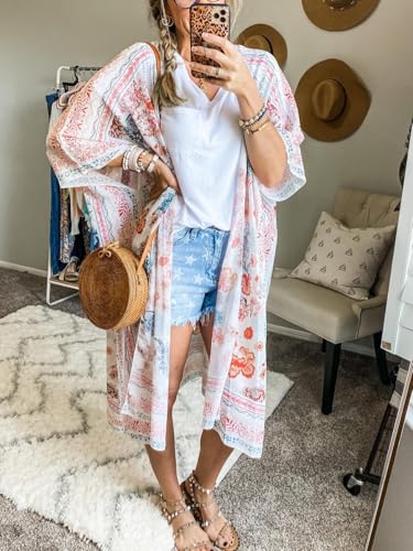 Maybuy Women's Floral Chiffon Kimono Cardigan Long Flowy Beach Cover-Ups Bikini Swimsuit Open Front Tops Summer Sheer (Multicolored, Small) - Image 3