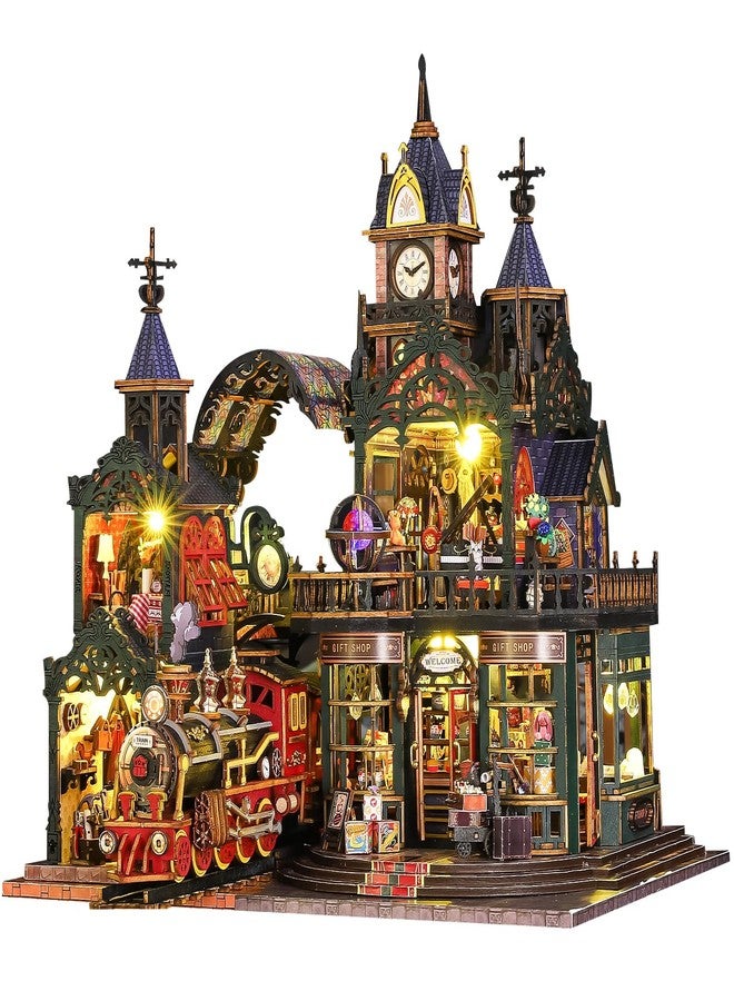 Spilay DIY Miniature House Kit, DIY Dollhouse Kit with Music Box and Dust Cover, 3D Wooden Puzzle Book Nook Kit for Adult, Bookshelf Decor&Gift for Birthday Halloween Christmas（Rail Track City） - Image 1