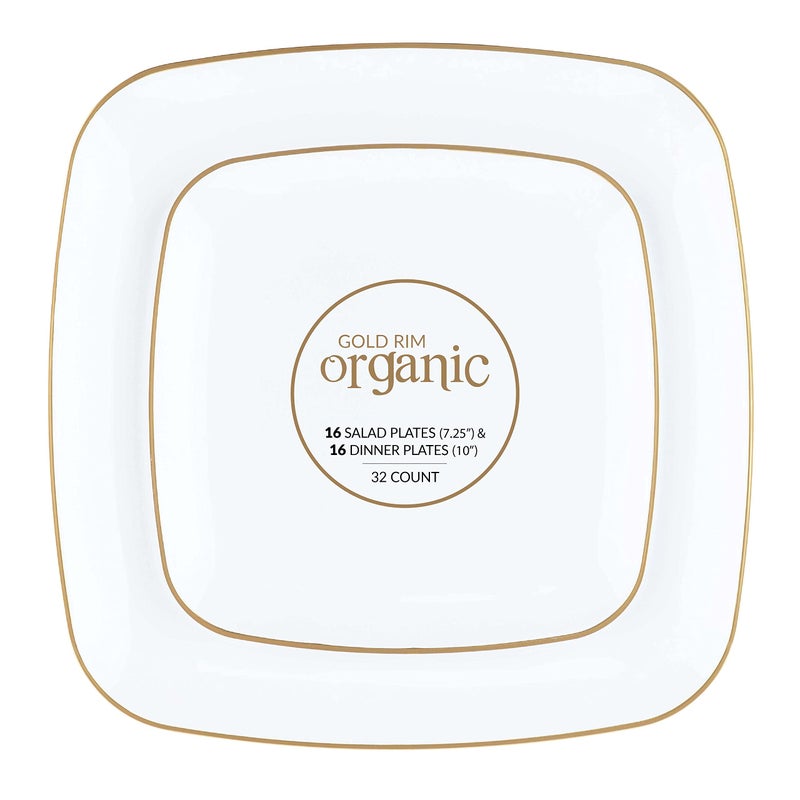 PLASTICPRO Square 32 Piece Combo Plates Set includes 16 x 7 inch Salad Plates  16 x 10 inch Dinner Plates White Plastic Gold Rim Design Party Plates Premium heavyweight Elegant