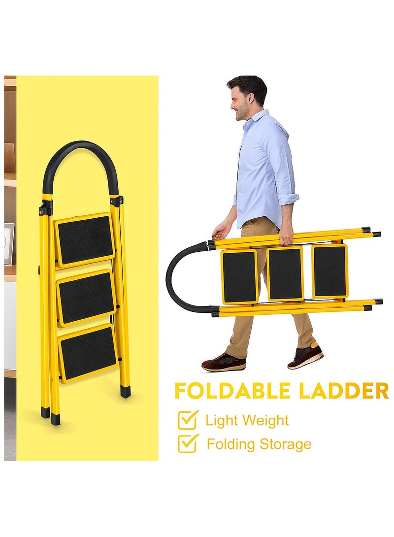 AL QADAH Step Ladder 3 Step Foldable Metal Yellow 110x42cm Anti Slip Wide Pedals Safety Lock Tool Tray Compact Utility Ladder for Home Kitchen Office Use  - Image 4
