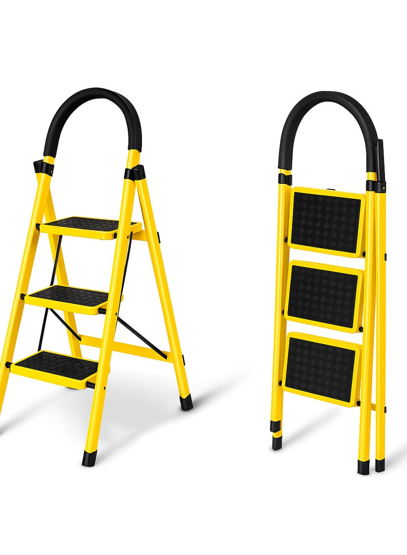 AL QADAH Step Ladder 3 Step Foldable Metal Yellow 110x42cm Anti Slip Wide Pedals Safety Lock Tool Tray Compact Utility Ladder for Home Kitchen Office Use  - Image 1