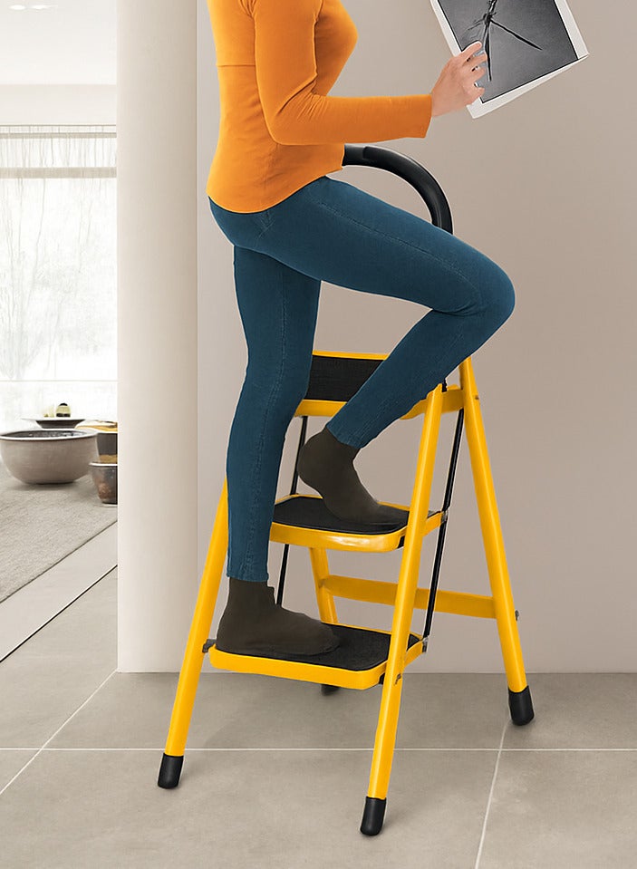AL QADAH Step Ladder 3 Step Foldable Metal Yellow 110x42cm Anti Slip Wide Pedals Safety Lock Tool Tray Compact Utility Ladder for Home Kitchen Office Use  - Image 2