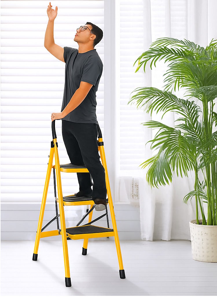 AL QADAH Step Ladder 3 Step Foldable Metal Yellow 110x42cm Anti Slip Wide Pedals Safety Lock Tool Tray Compact Utility Ladder for Home Kitchen Office Use  - Image 3