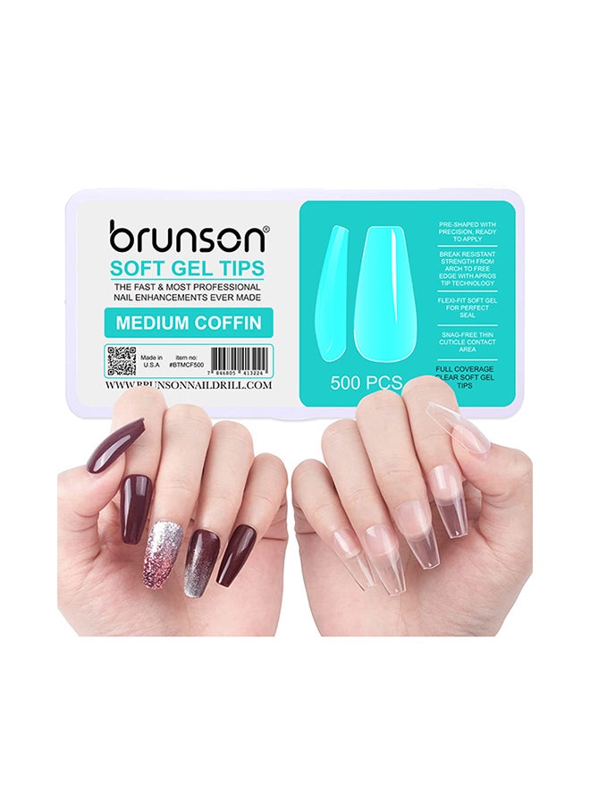 brunson False Nail Tips Soft Gel C-Curved Clear Medium Coffin 550 Pieces BTMC500  - Image 1