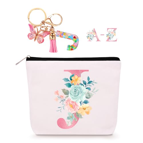 Lingdeer Personalized Makeup Bag with Initial Keychain, Custom Initial Monogram Small Travel Cosmetic Toiletry Bag, Birthday Gifts for Women Bridesmaid Teacher (J) - Image 1