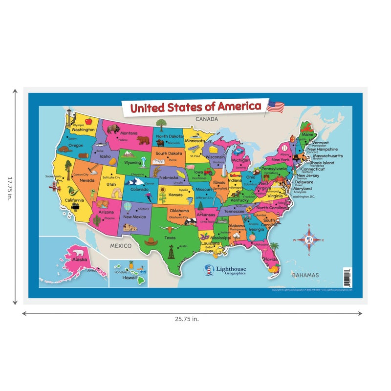 Lighthouse Geographics USA Wall Map for Kids with Illustrations- United States Poster Map for Home or Classroom, (18â€ x 29â€ Laminated) - Image 2