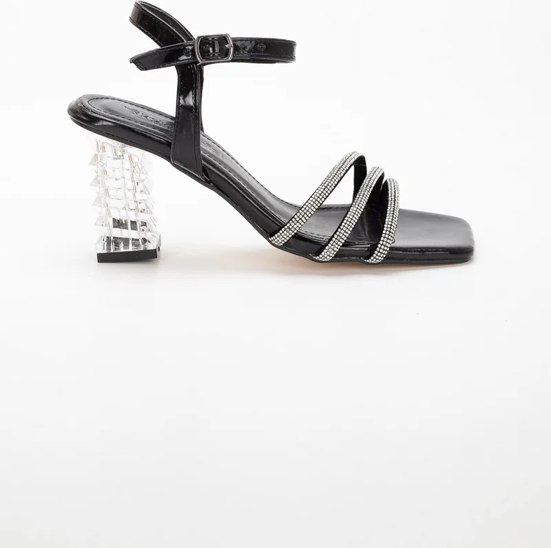 Dilimler Ayakkabı Slices Shoes Transparent Heels Tape Stone Black Women's Evening Dress Shoes