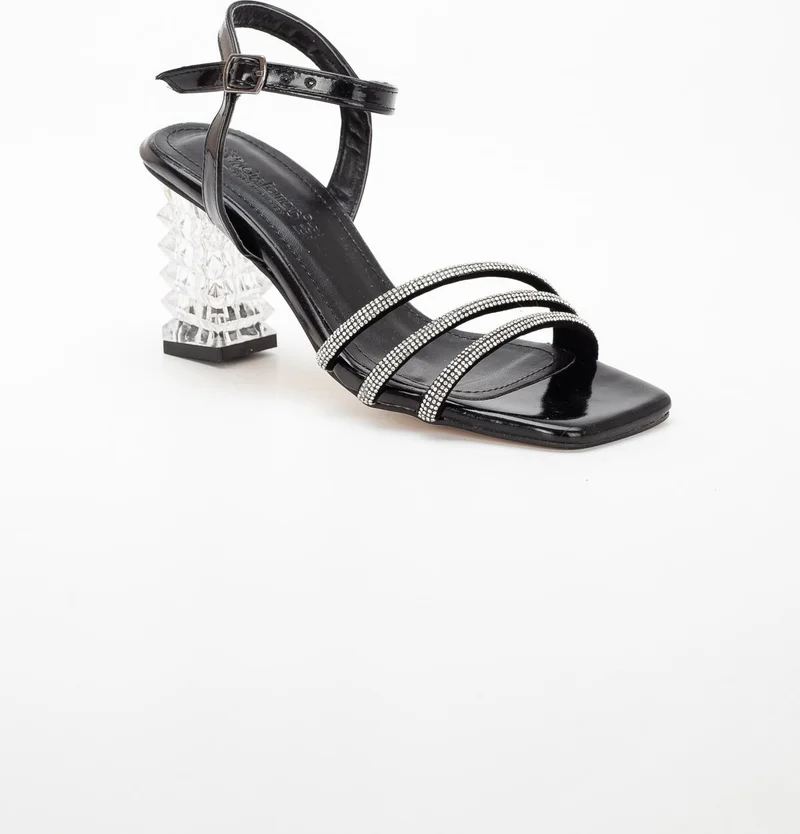 Dilimler Ayakkabı Slices Shoes Transparent Heels Tape Stone Black Women's Evening Dress Shoes