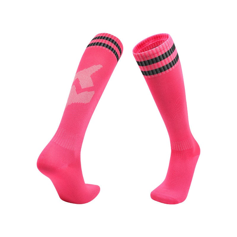 Adult Thin Striped Football Socks High Tube Sports Rose red 