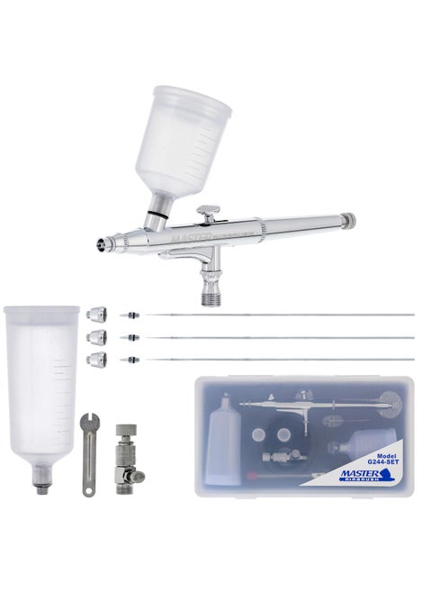 Master Performance G244 Pro Set DualAction Gravity Feed Airbrush Set with 3 Nozzle Sets 02 03  05mm Needles Tips Air Caps and 34  15 oz Cups  User Friendly Versatile Kit  Spray Tanning