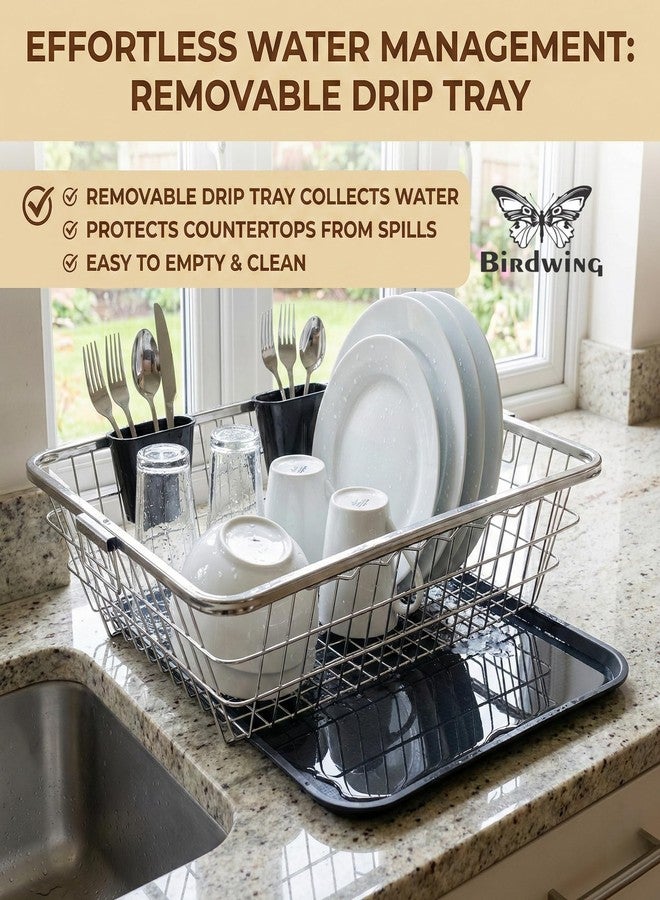 BIRDWING Heavy Duty Stainless Steel Utensil Drying Stand – Extra Large Kitchen Dish Rack with Water Drain Tray, Countertop Plate Bowl Organizer Basket,60x47x23 Cm - Image 5