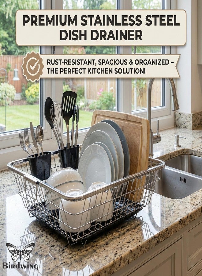 BIRDWING Heavy Duty Stainless Steel Utensil Drying Stand – Extra Large Kitchen Dish Rack with Water Drain Tray, Countertop Plate Bowl Organizer Basket,60x47x23 Cm - Image 3