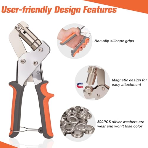 ppkbbeb 500Pcs 3/8Inch ID Grommet Tool Kit, Tarp Grommet Eyelet Tool Kit for Fabric with 10mm ID Grommets, Manual Grommet Press Fabric Hole Punch Tool for Tarp, Fabric, Banner and Canvas - Image 3