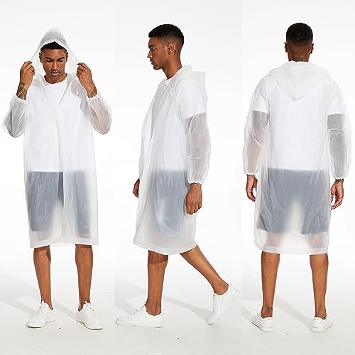 OFFITECTURE 2-Pack Reusable Rain Ponchos for Adults - Hooded Raincoats for Women/Men with Drawstring - White - Image 5